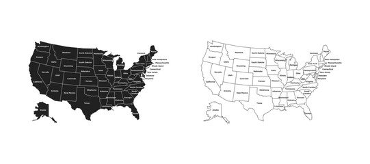 United States of America map. All states silhouettes with titles. Black and outline. Vector EPS 10