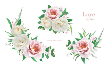 Vector flower bouquet set. Watercolor style pink peony flowers, cream rose, green leaves editable illustration. Floral wedding invite, greeting, postcard print design element isolated white background