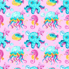 Fototapeta na wymiar Watercolor pattern with a marine theme. Jellyfish, octopuses, fish and seahorses on a pink background