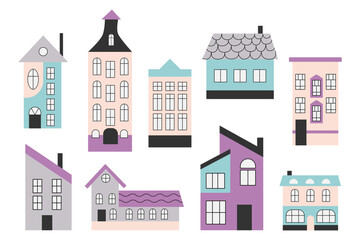Set of flat style houses. Buildings with windows in Scandinavian style. Town and country houses with windows, roof tiles and chimneys with smoke. White insulated background. 