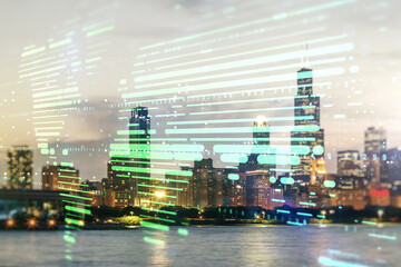 Abstract creative world map interface on Chicago skyline background, international trading concept. Multiexposure