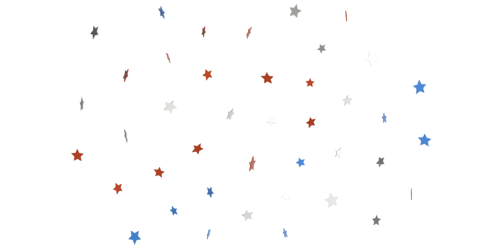 festive pattern with flying, falling red, blue, white stars in colors of the United States' flag
