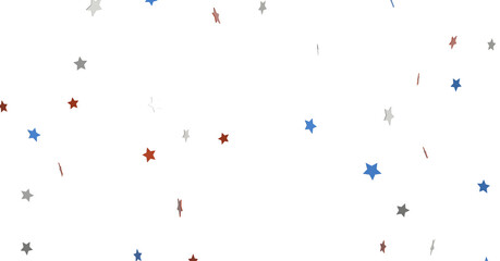 festive pattern with flying, falling red, blue, white stars in colors of the United States' flag