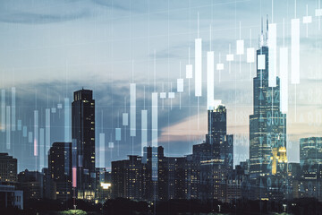 Fototapeta na wymiar Double exposure of virtual creative financial diagram on Chicago office buildings background, banking and accounting concept