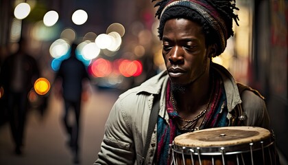 Fototapeta na wymiar Young african musician, man playing bongo drum in night city with city lights and traffic, AI generative 