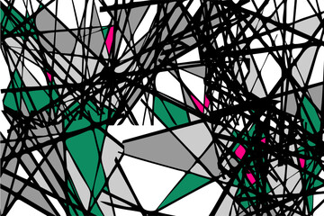 Random chaotic straight black lines. Abstract geometric pattern. Gray, green, red fragments of a complex structure. Contemporary art. A direct intersection of intersecting lines.
