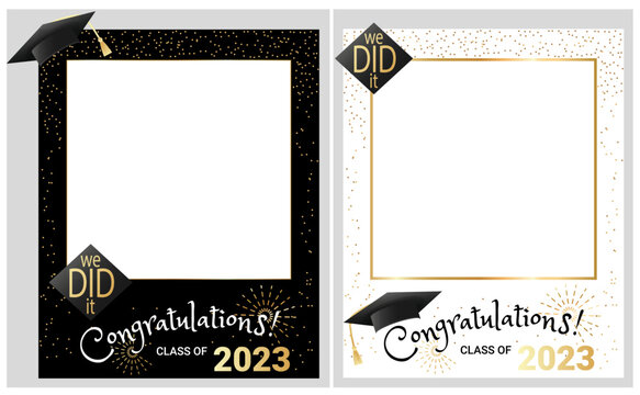 Congratulations graduates class of 2023 photo booth props set. Graduation photo frame design template for selfie , print, party, invitation etc. Flat style vector illustration for grad ceremony.