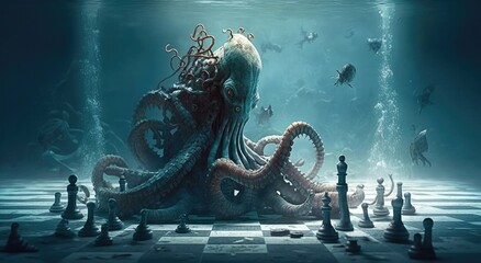 Cthulhu playing chess with himself underwater on giant chess board. Underwater monster with octopus-like appearance and tentacles, AI generative