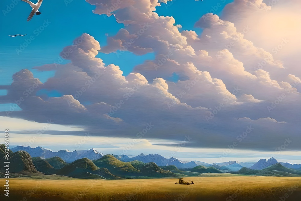 Canvas Prints a painting of a sky with clouds and a white bird flying in the sky with a blue sky in the background