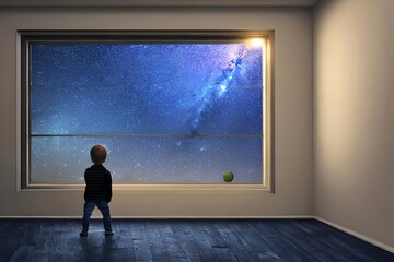 A Kid Watching Out At Big Window Open To Galaxy Sky. Midnight Time. Idea For Imagination And Dream Concept. Generative AI