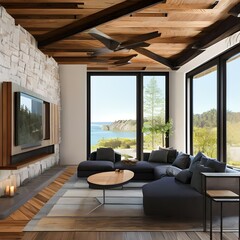 Fototapeta premium A modern home with a rustic vibe, featuring wood beam ceilings and stone walls 3_SwinIRGenerative AI