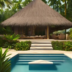 A modern home with a tropical vibe, featuring a thatched roof and plenty of greenery 1_SwinIRGenerative AI