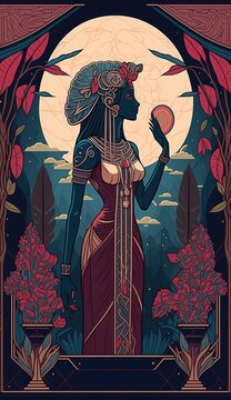 Egyptian Goddesses, Tefnut, AI generative illustration in art nuveau poster style.