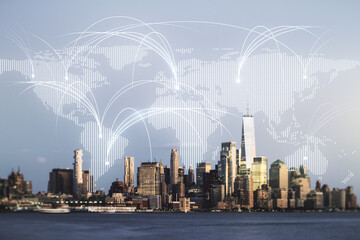 Double exposure of abstract digital world map hologram with connections on New York city...