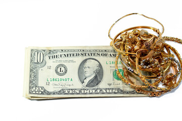 Jewellery or jewelry with USD American dollars cash money banknotes, brooches, rings, necklaces,...