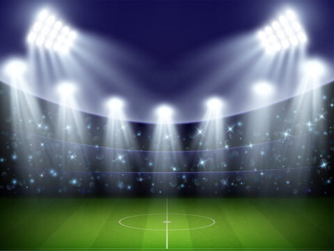 Football stadium. Soccer playground with lighting projectors. World cup night arena. Building on green field. Spotlight rays. Championship game. Vector realistic athletic background