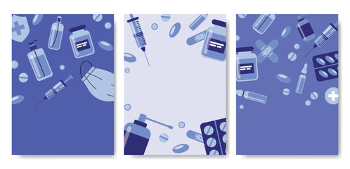 Medicine background set, pharmacy, hospital set of drugs, pills, syringe, hand sanitizer. Medication, pharmaceutics, illness, health concept. Vector illustration isolated on background