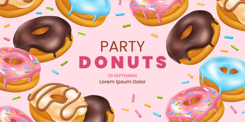 Donut party flyer, confectionery menu. Baked doughnut birthday invitation card, cute fun sweet food with hole. Snacks products promo. 3d isolated flying pastries. Vector poster design