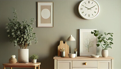 Interior of a cozy minimalistic room, round table, wardrobe, soft sun light.