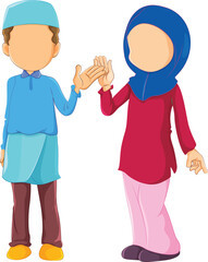 set of islamic cartoon boys, girls, men and women vector illustration with makkah and madinah. 