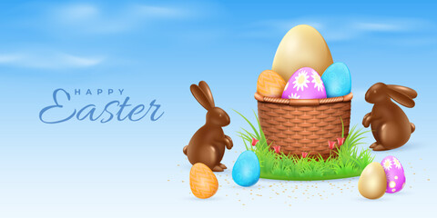 3d happy easter egg basket. Modern layout with religious nest, spring holidays sale promo. Chocolate rabbits, patterned eggs. Minimal web poster template, sweet animal. Vector banner background
