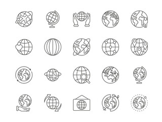 World globe. Planet icons. Earth in hands. Global international map. Europe country. Continents and ocean. Business travel. Geography and cartography symbols. Vector line pictograms set