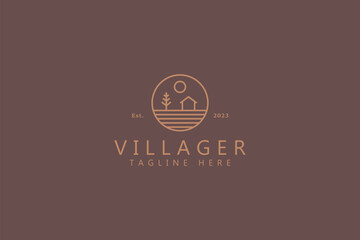 Rural Village Farm Field and Cottage Simple Outline Abstract Logo Badge