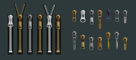 Metal zippers. Clothing fastener. Pull zip. Casual clothes accessories. Gold or silver objects. Fastening for fabric or apparel thread textile. Tailor sewing. Vector closed clasps set © SpicyTruffel