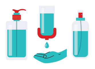 Hand sanitizer set. Alcohol rub sanitizer kills bacteria stop viruses coronavirus. Hygiene product. Sanitizer bottle and wall mounted container. Covid-19 spread prevention flat illustration isolated 