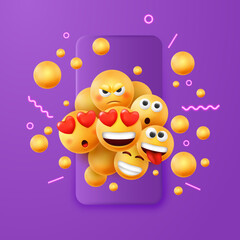 3d happy laughing emoji, smartphone happy icons. Cheerful ball faces, emoticons for phone chat, render isolated elements, online messages. Love and good mood symbols. Vector clipart collection