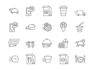 Food delivery. Home grocery icons. Fast meal order service. Bag package and car. Store truck. Takeaway coffee cup. Pizza and sashimi. Express delivering symbols. Vector line pictograms set