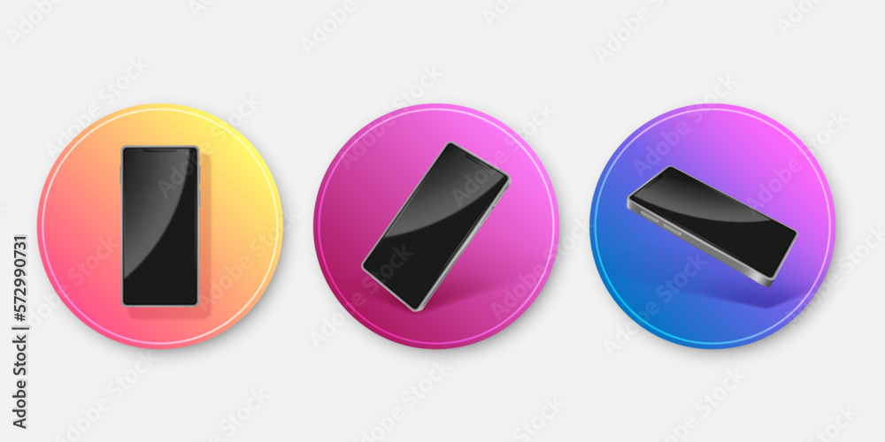 Poster 3D isometric phone mockup. Modern gadgets. Colorful gradient circle badges design. Graphic smartphone apps. Cellphone display with mobile applications. Vector electronic devices set