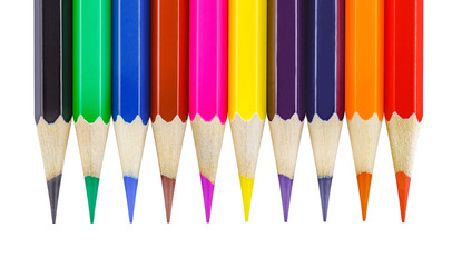 Colored pencils with facets, sharpened isolated on white background with clipping path