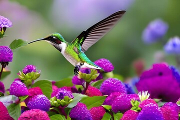 Fototapeta premium Colorful Hummingbird On Top Of Beautiful Flowers. Generative AI