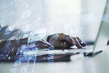Multi exposure of abstract graphic coding sketch with hands typing on computer keyboard on background, big data and networking concept