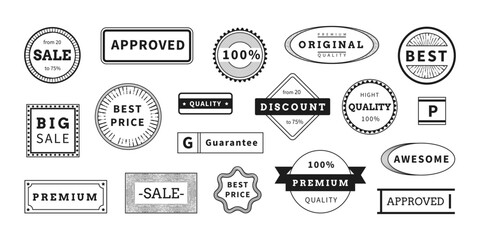 Rubber discount stamps. Round seal logo. Best quality tag. Vintage sign. Square label. Original guarantee or retro sale. Approved badge. Paint imprint design. Vector design icons set