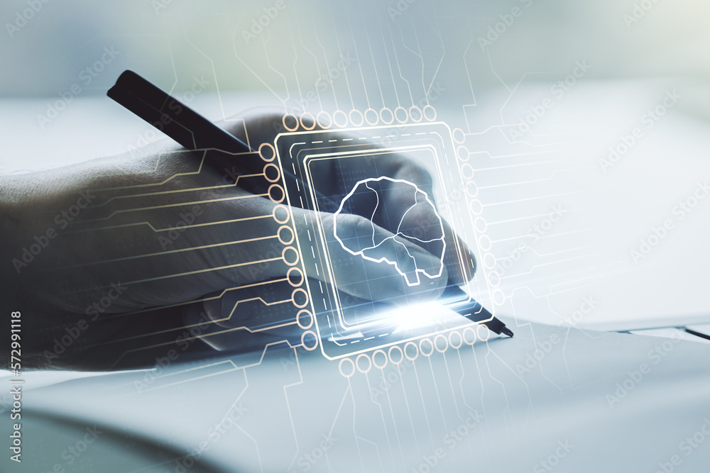 Aufkleber double exposure of creative artificial intelligence symbol with man hand writing in notebook on back