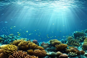 Naklejka na ściany i meble Coral Reef With Many Fish Swimming Underwater In Light Beams. Generative AI