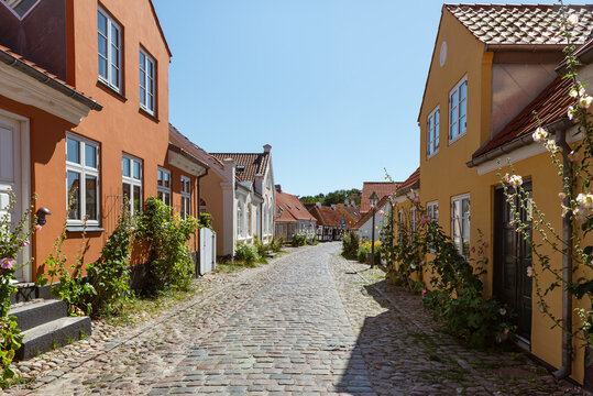 Bunte Fassaden und Stockrosen in den Gassen der Altstadt von Ebeltoft, Djursland, D&auml;nemark in der Sonne vor blauem Himmel