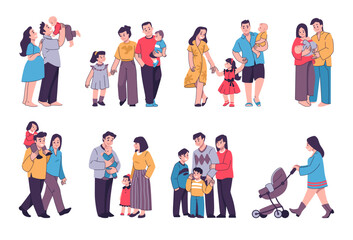 Fototapeta na wymiar People walk together. Happy family. Parents with children. Father and mother hugging newborn baby. Couples and kids. Pregnant woman. Outdoor strolls set. Vector cartoon illustrations