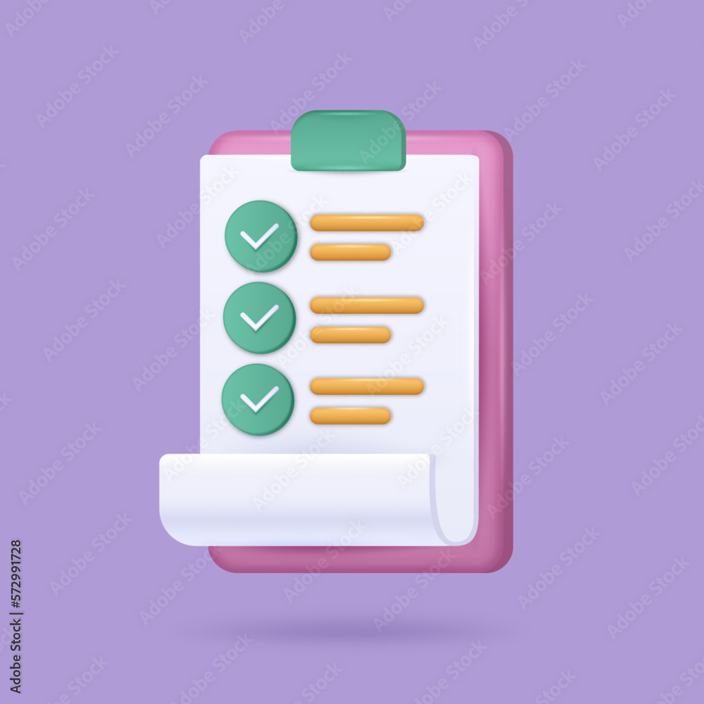 Poster 3d check list icon, survey form. Document report, checklist note, clipboard with tasks. Paper page with information, digital pictogram for web application. Notebook sign. Vector illustration