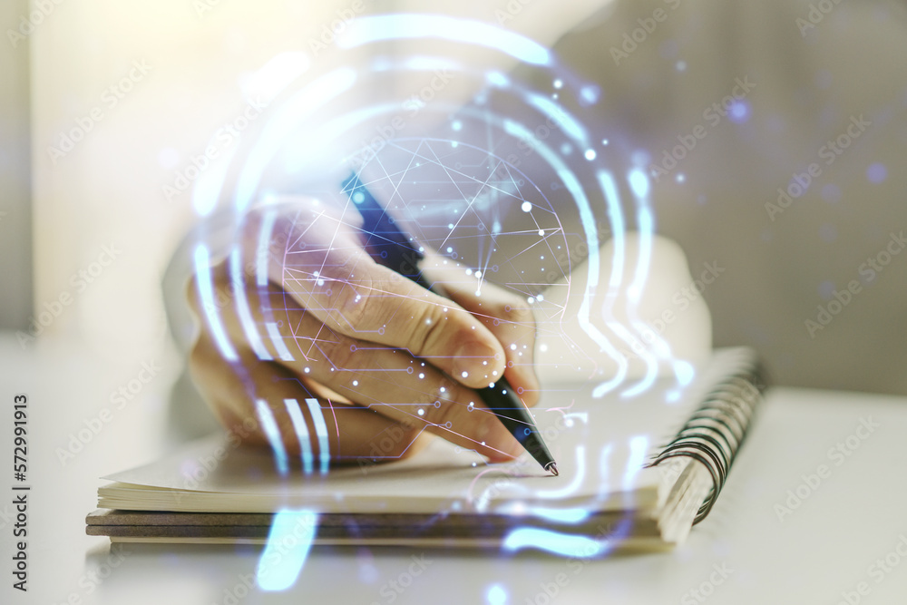 Aufkleber creative artificial intelligence concept with human head sketch and man hand writing in diary on bac