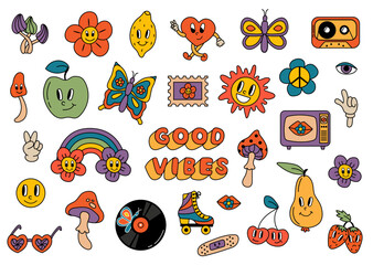Retro set Good vibes. Record, cassette, TV, brand, rainbow, heart, flowers, mushrooms, fruits. White background, isolate. Vector illustration.