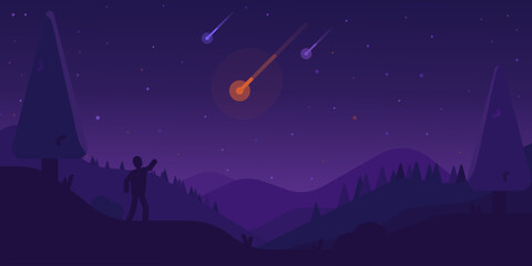 Meteor shower in night sky panorama landscape. View of the mountains and the sky. Landscape flat vector illustration. Starry sky wallpaper