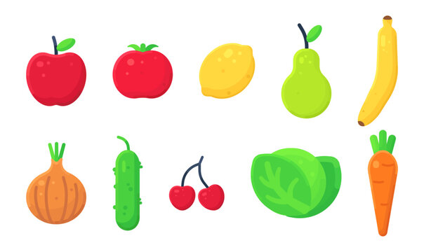 Vegetables and fruits illustration set. Vector flat food illustrations. Color cartoon illustration for kids.