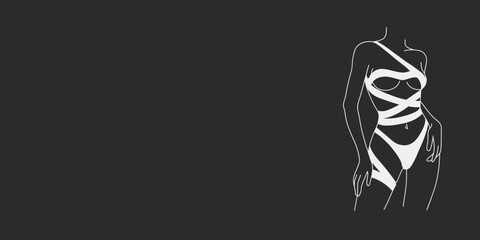 Girl naked body posing outline. White Erotic body frame. Minimalist line art female figure on black background