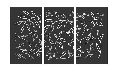 White Floral set line drawing on black backgraund. Outline sprigs bundle. Botanical spring leaves clipart. Vector illustration