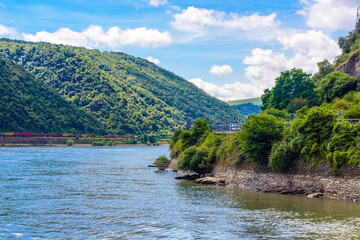 Fototapeta na wymiar Rhein Rhine river in Loreley Lorelei, Rhein-Lahn-Kreis, Rhineland-Palatinate, Rheinland-Pfalz, Germany