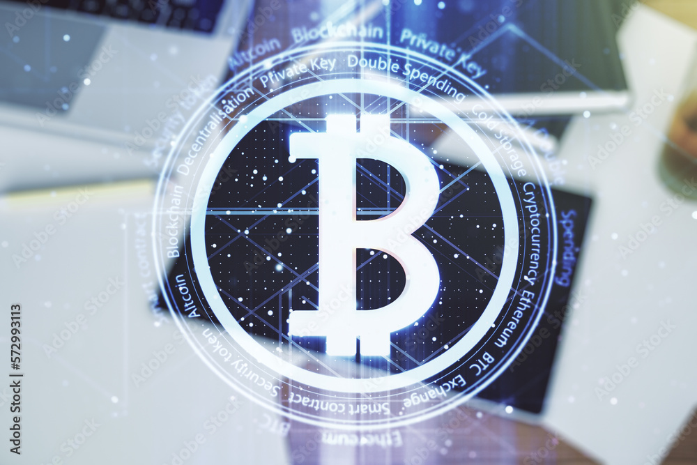 Poster creative bitcoin concept and modern digital tablet on desktop on background, top view. double exposu