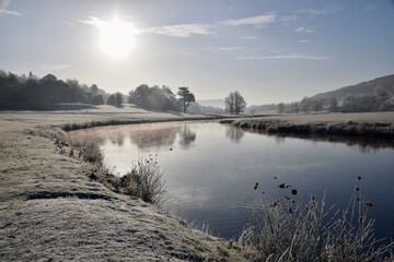 Winter scenes at Chatsworth Park, and The River Derwent, Derbyshire, UK. 